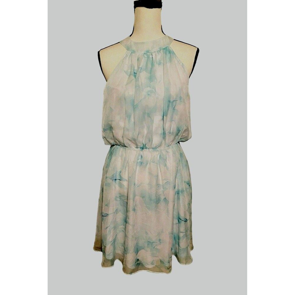 Cato Est 1946 Chiffon Dress Womens L Blue Green Florals Neck Tie Sash Romantic